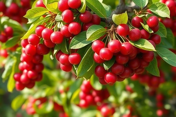 앵두나무 전경과 빨갛게 익은 앵두 열매들