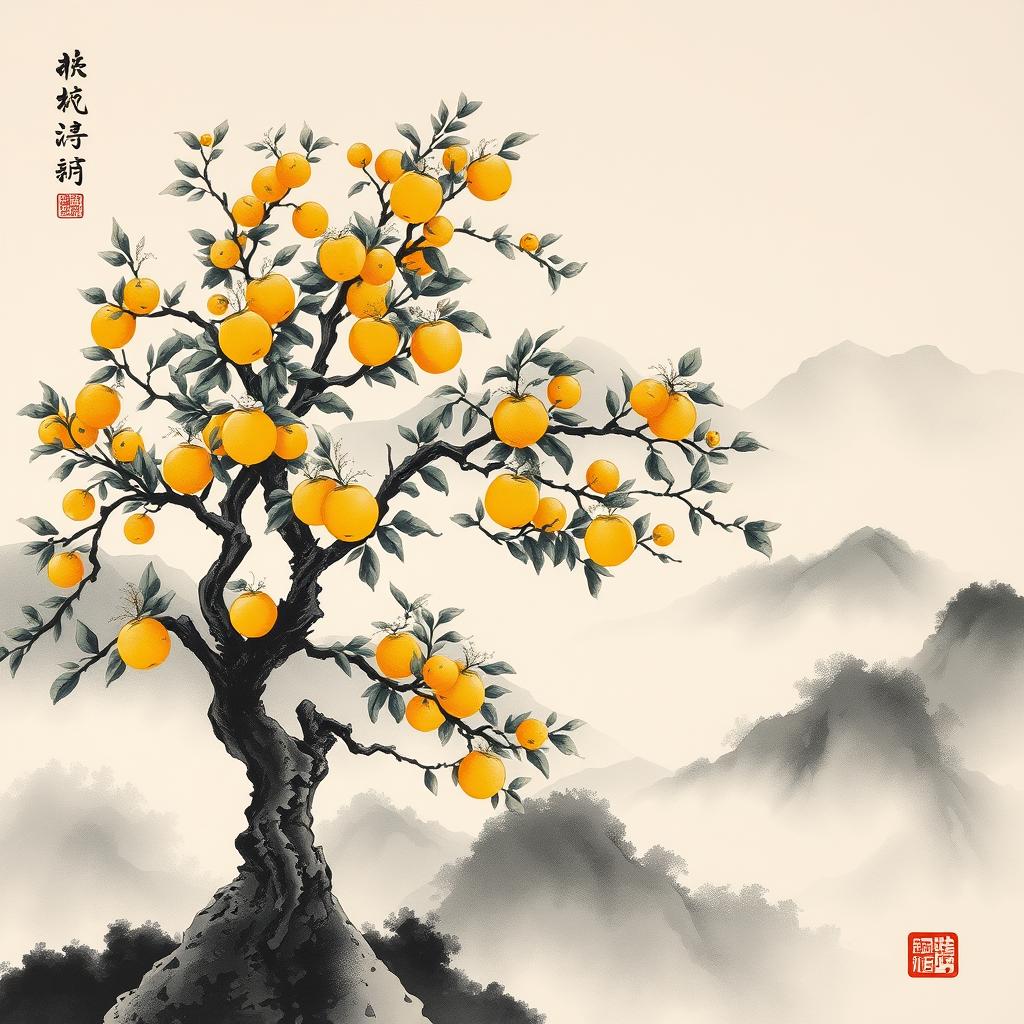 고대 중국의 산속 풍경과 모과나무